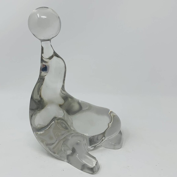 Vintage New Martinsville Clear Glass Seal Sea Lion Ball Bookend Paperweight 7.5" - Picture 3 of 7